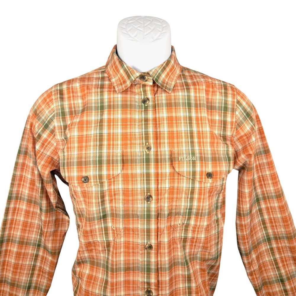Filson Womens Small Orange Green Plaid Button Down Mesh Back‎ Hiking Shirt S